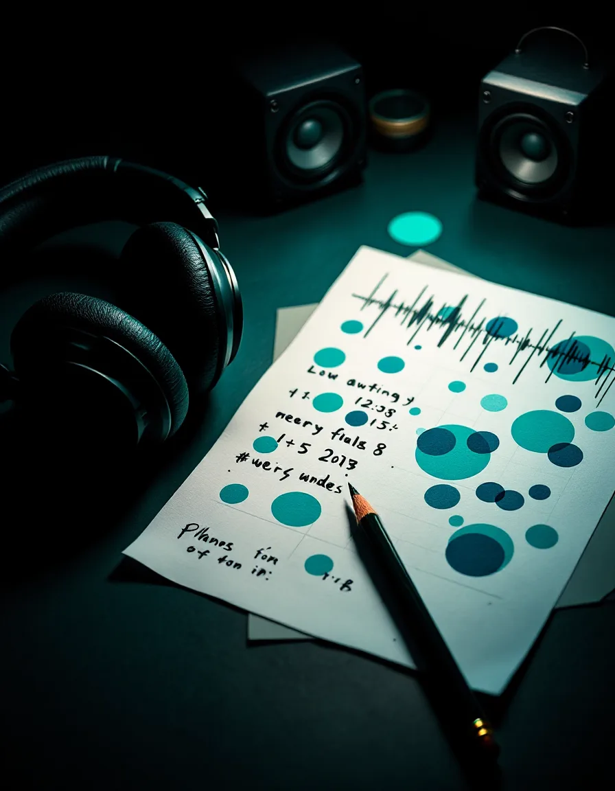 Collage of studio headphones, small monitor speakers and a pencil-marked waveform printout on a dark desk