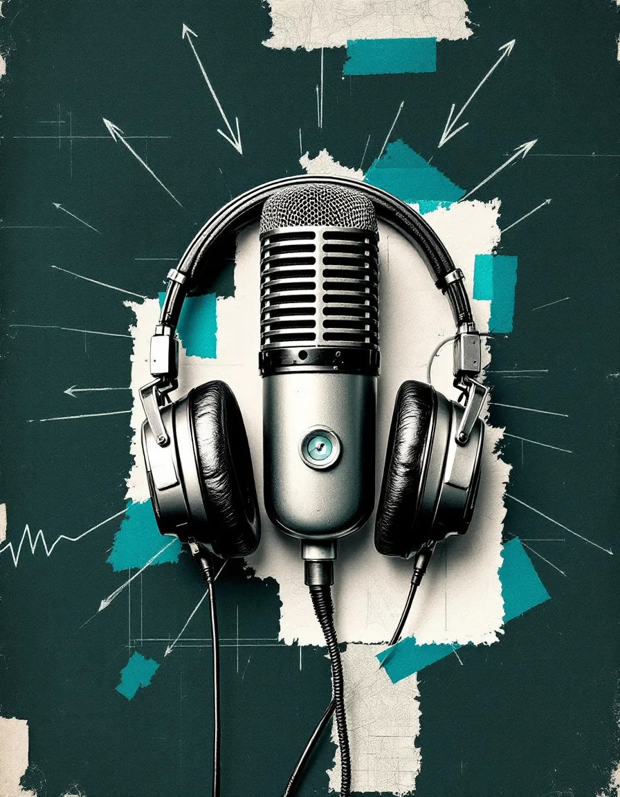 Collage of a ribbon microphone and studio headphones with hand-drawn cyan waveform marks