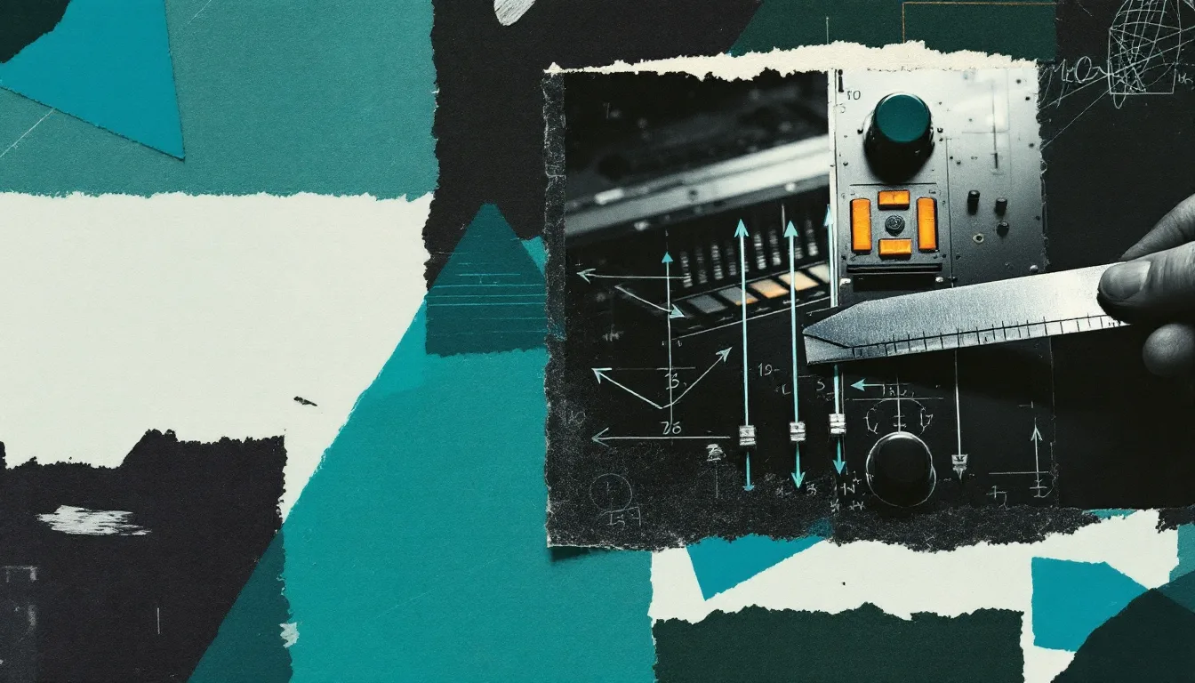 Collage of a mixing console and a spliced strip of audio tape with hand-drawn arrows