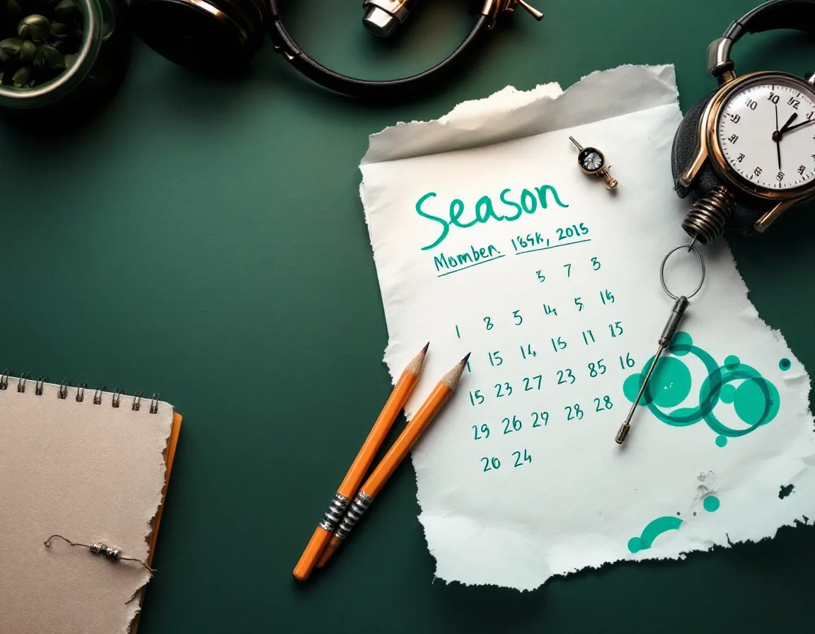 Collage of a hand-marked season calendar, a pencil, a stopwatch and headphones with cyan circles